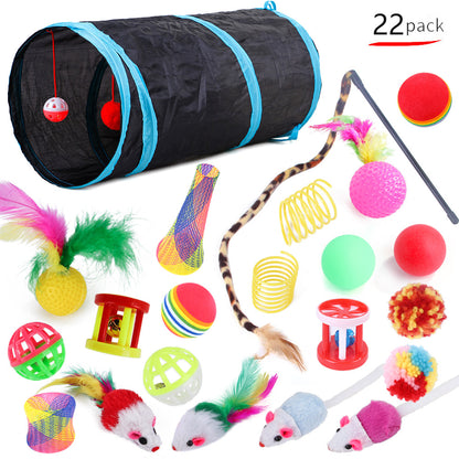 Cat and Kitten 22 Piece Variety Toy Set With Cat Tunnel